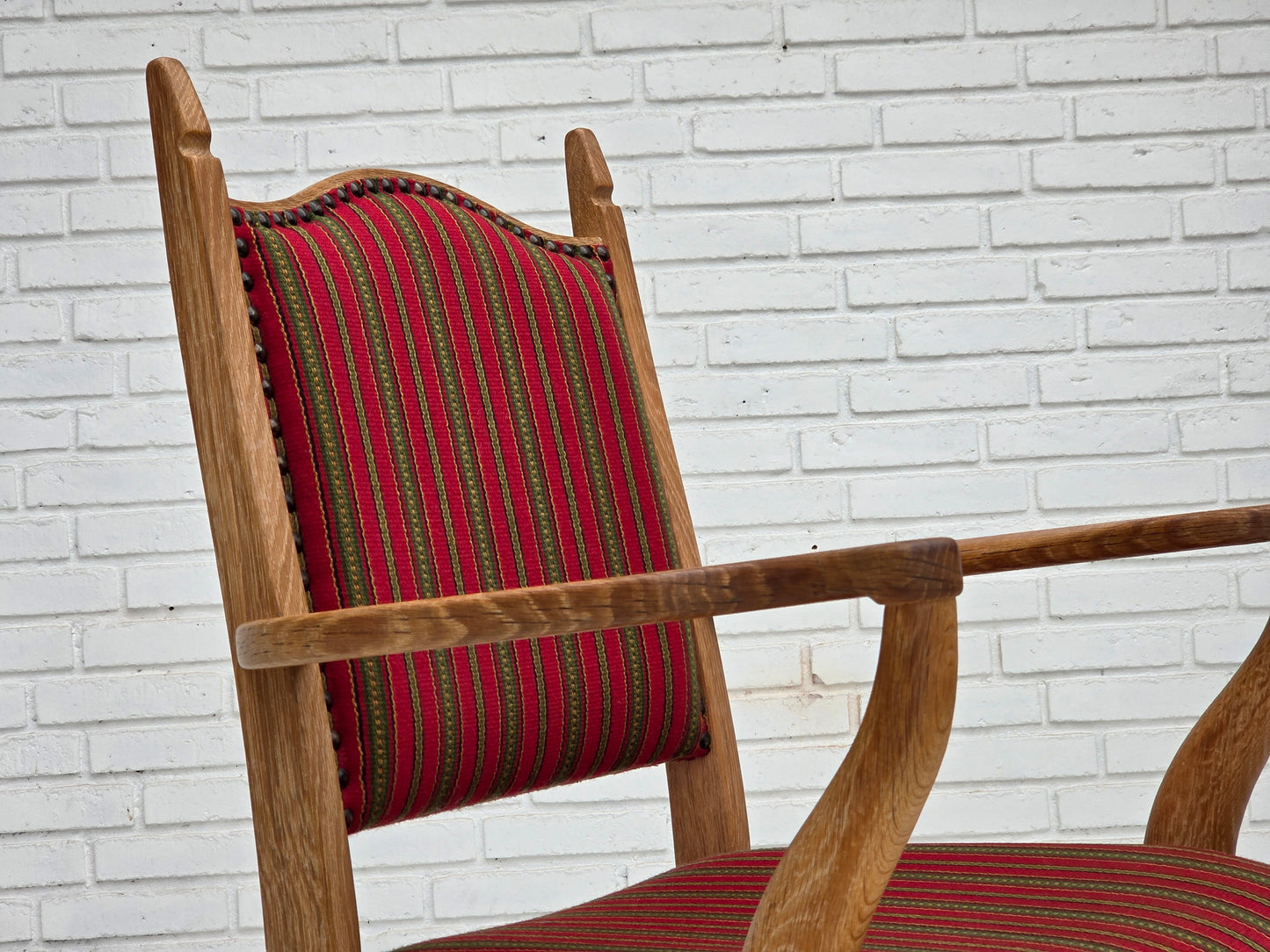 1970s, Danish armchair, striped red furniture wool, solid oak wood.