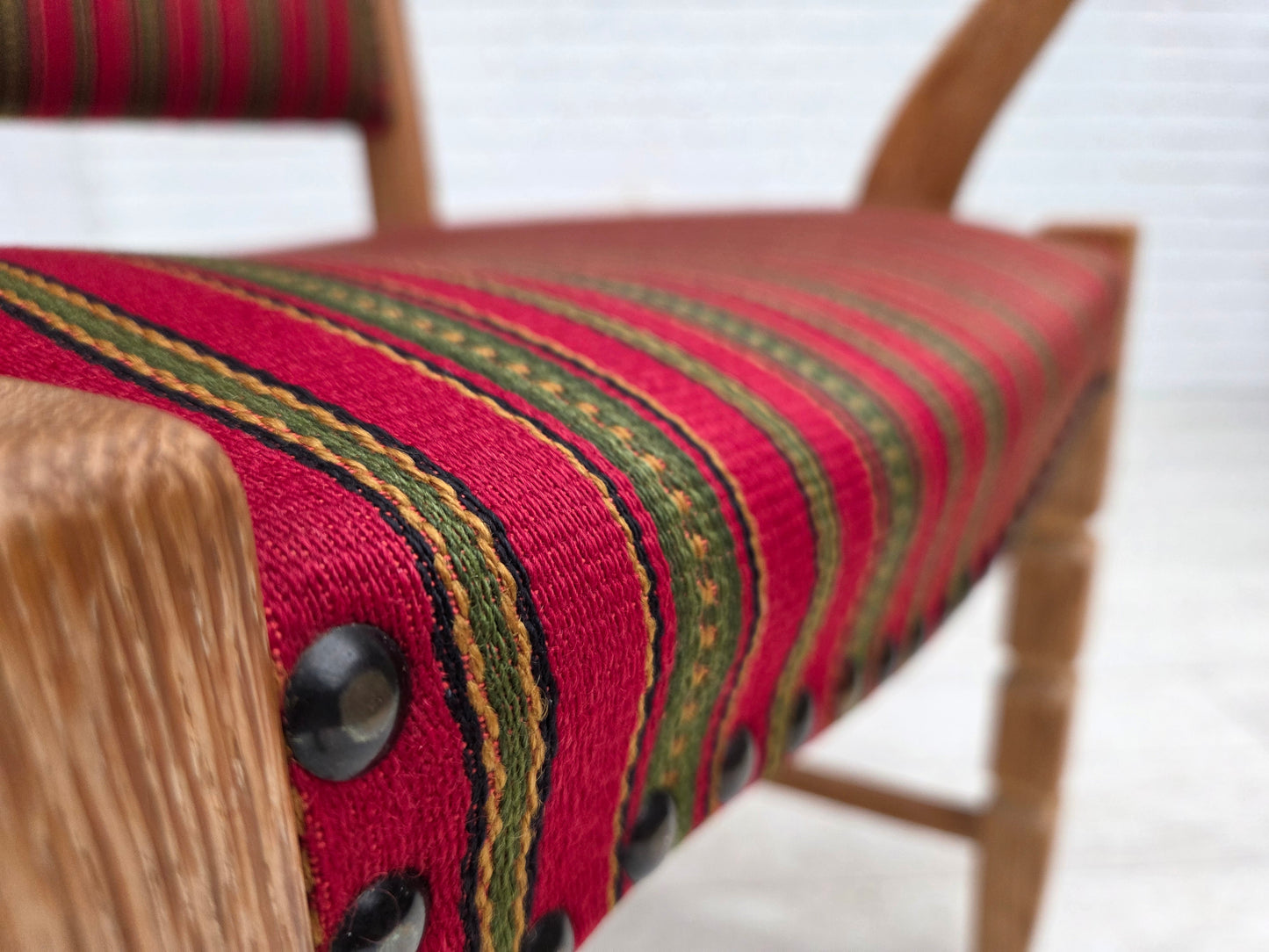 1970s, Danish armchair, striped red furniture wool, solid oak wood.