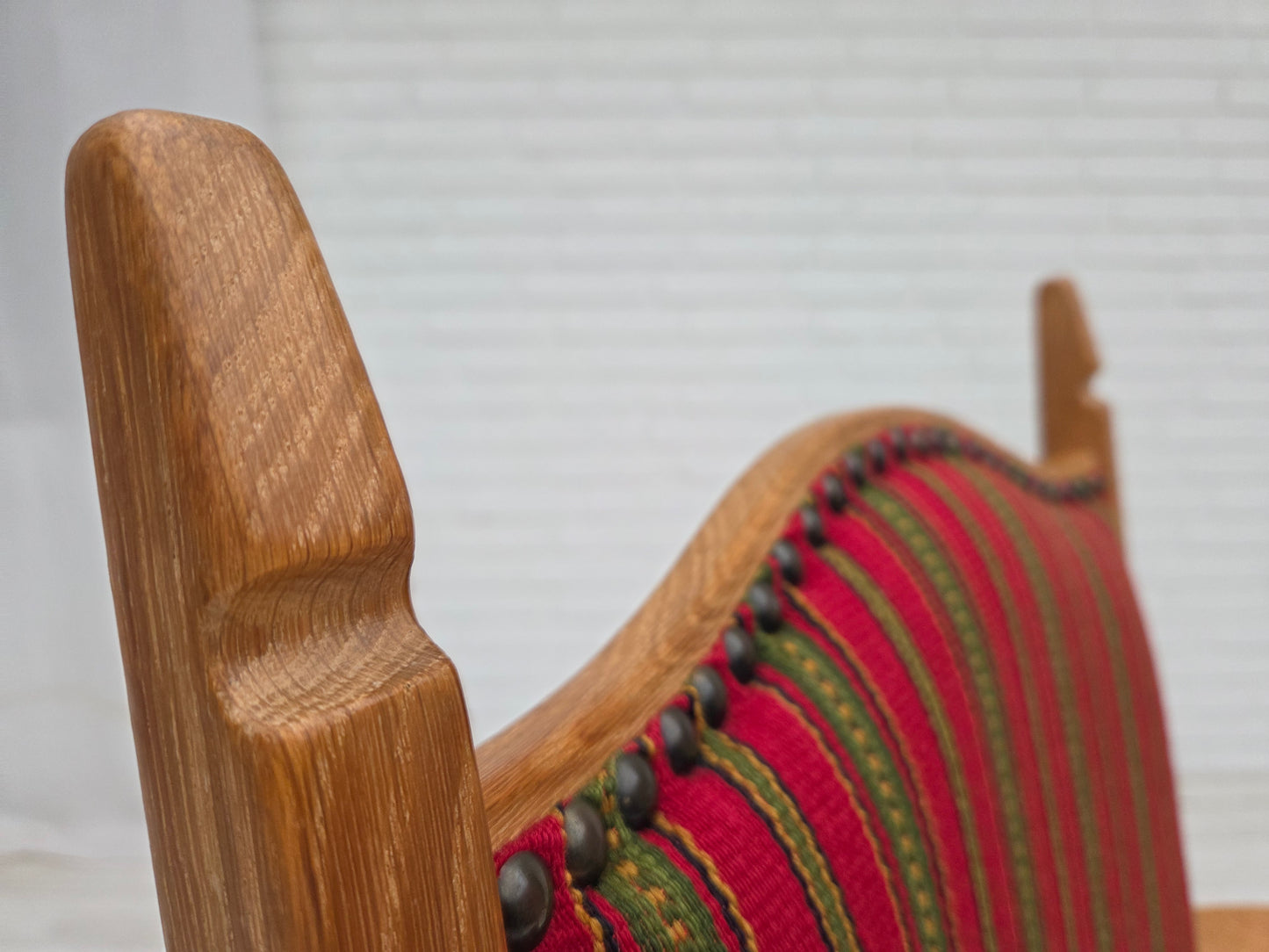 1970s, Danish armchair, striped red furniture wool, solid oak wood.