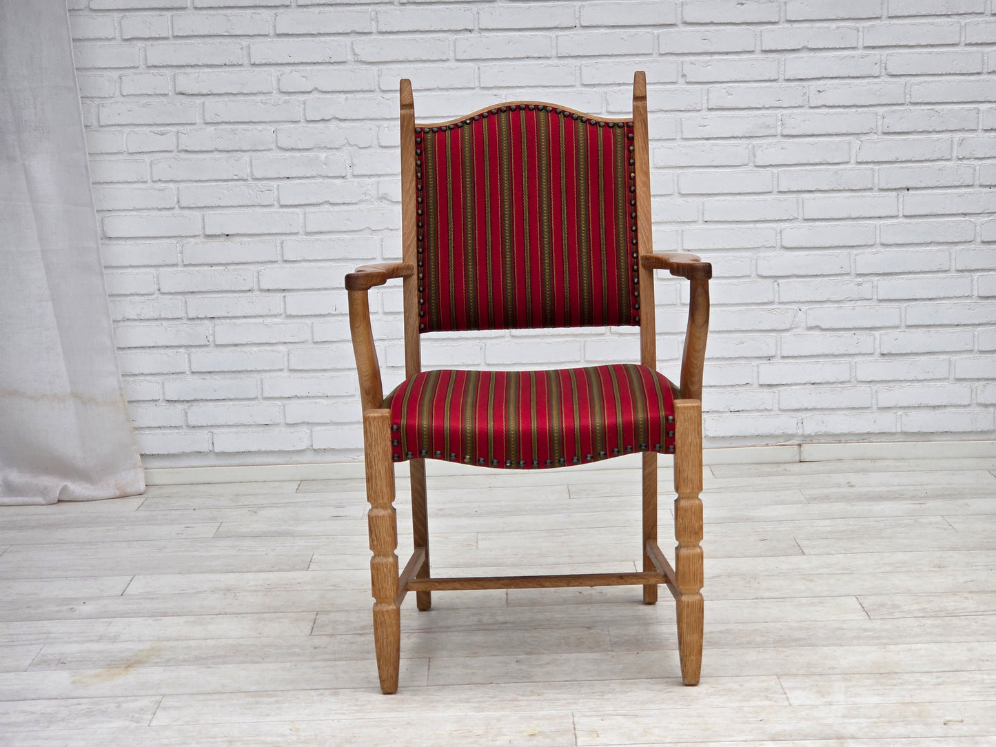 1970s, Danish armchair, striped red furniture wool, solid oak wood.