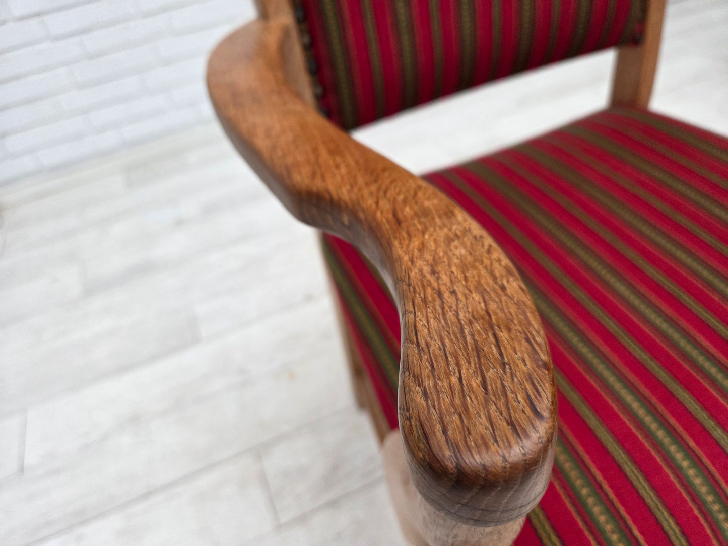 1970s, Danish armchair, striped red furniture wool, solid oak wood.