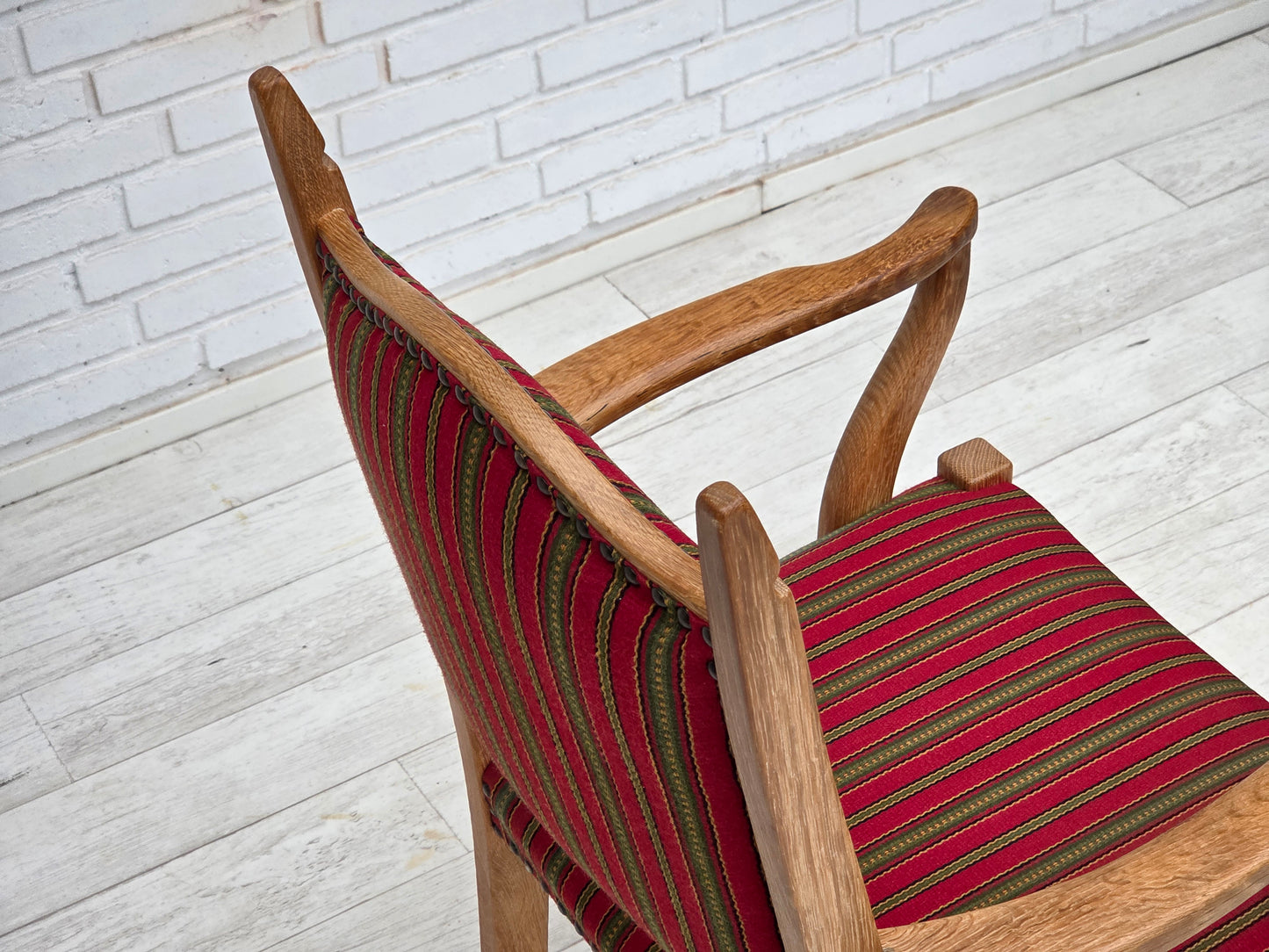 1970s, Danish armchair, striped red furniture wool, solid oak wood.