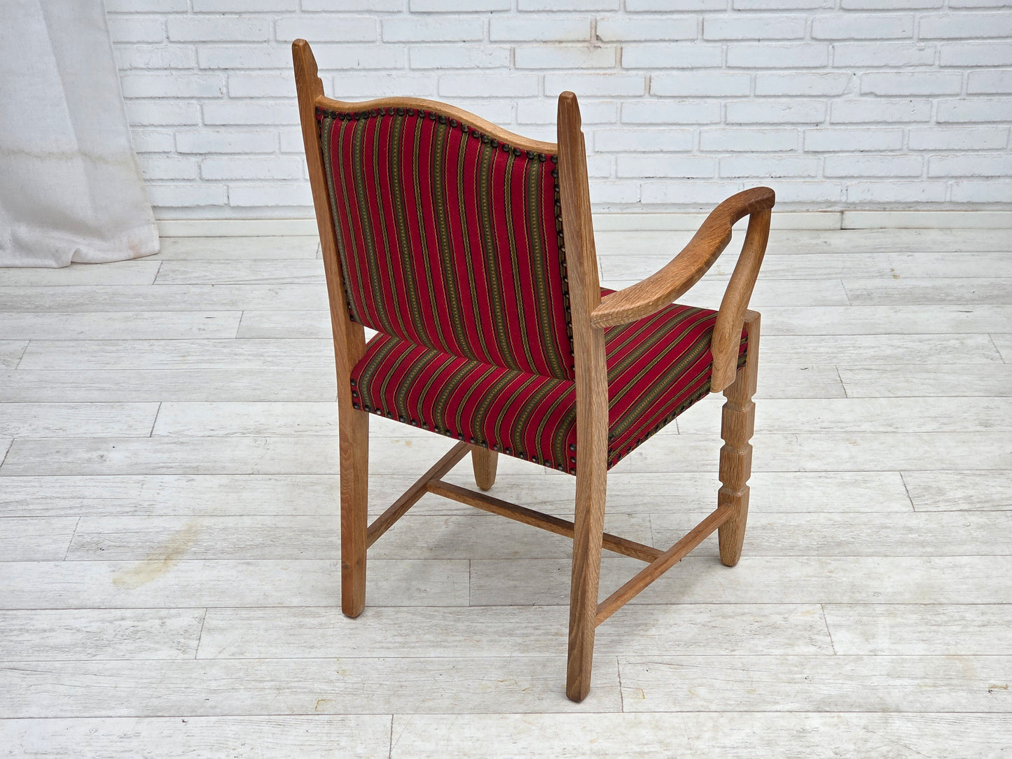 1970s, Danish armchair, striped red furniture wool, solid oak wood.