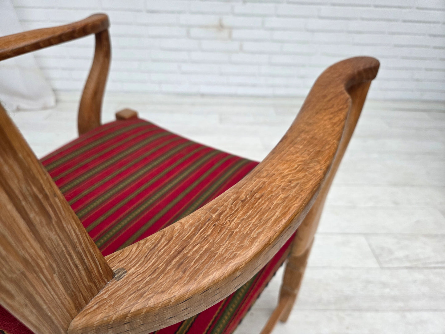 1970s, Danish armchair, striped red furniture wool, solid oak wood.