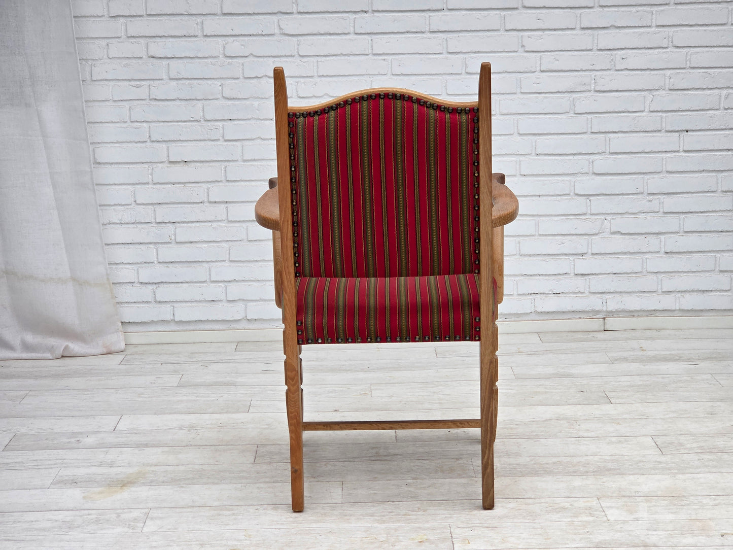 1970s, Danish armchair, striped red furniture wool, solid oak wood.