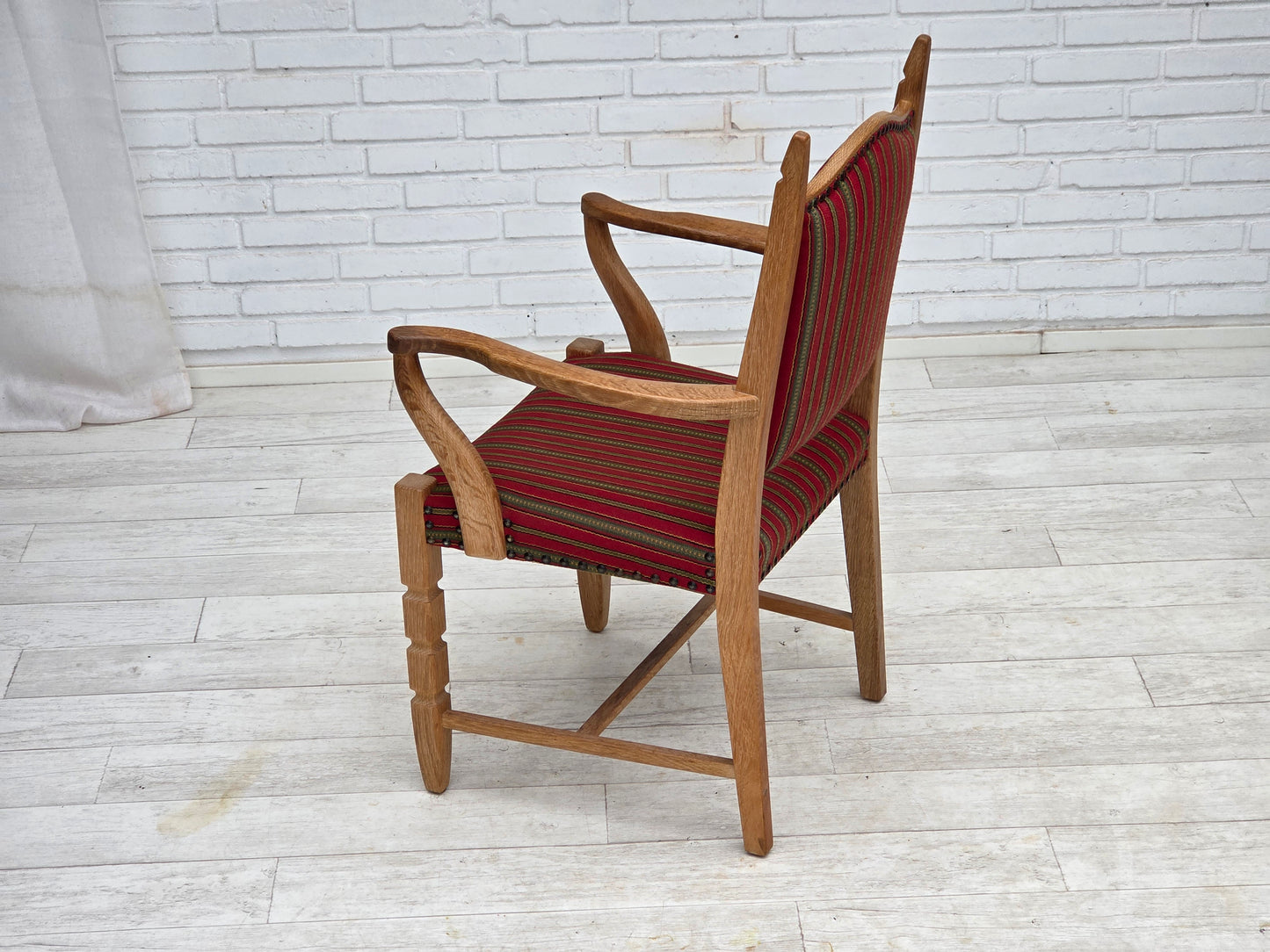 1970s, Danish armchair, striped red furniture wool, solid oak wood.