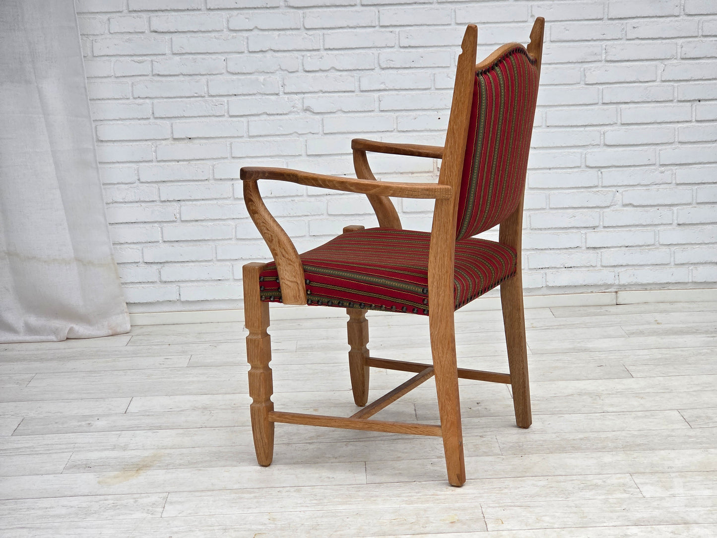 1970s, Danish armchair, striped red furniture wool, solid oak wood.