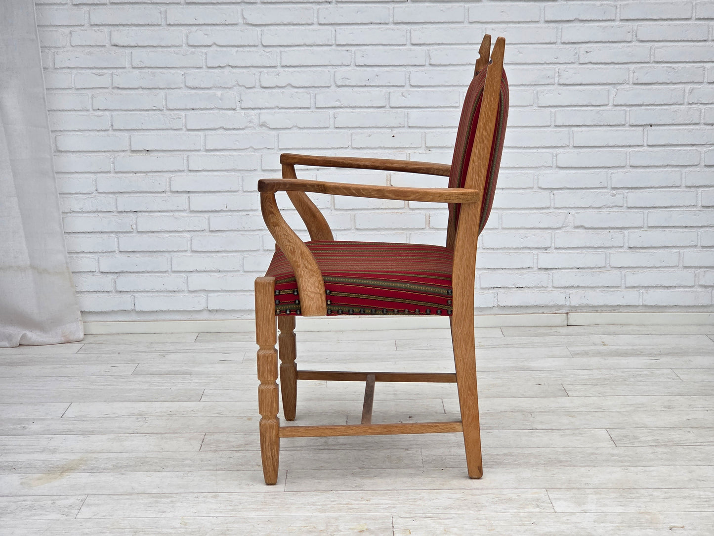 1970s, Danish armchair, striped red furniture wool, solid oak wood.