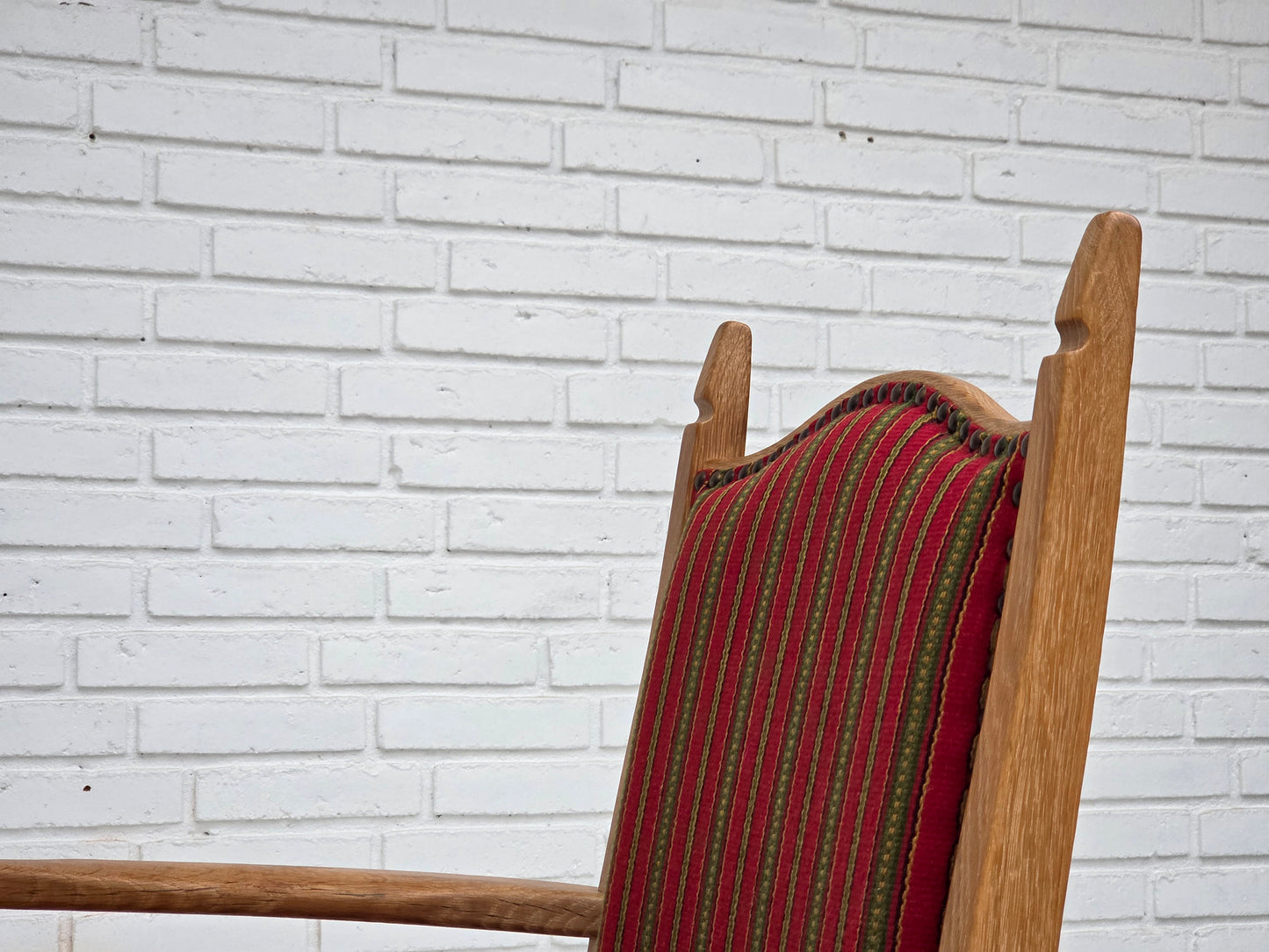 1970s, Danish armchair, striped red furniture wool, solid oak wood.