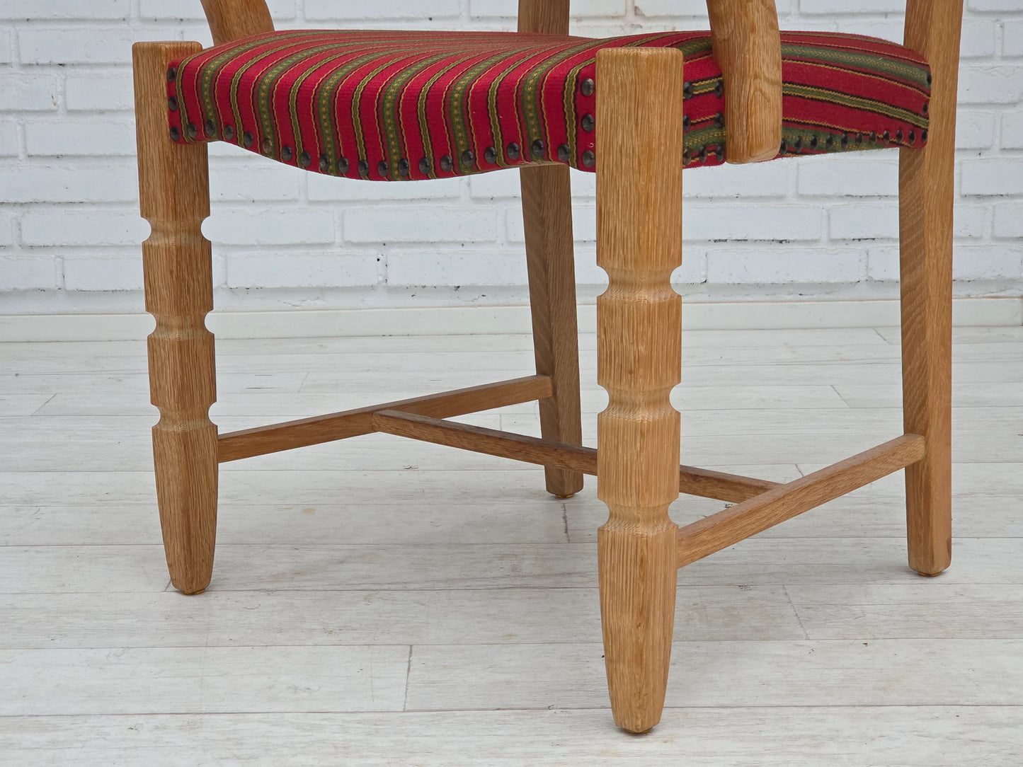 1970s, Danish armchair, striped red furniture wool, solid oak wood.