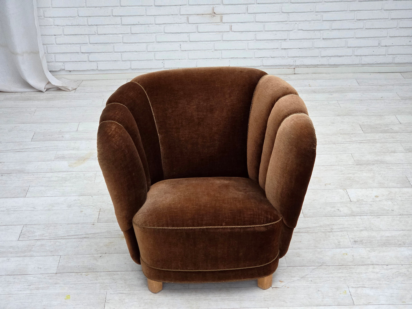 1960s, Danish curved chair, brown furniture velour.