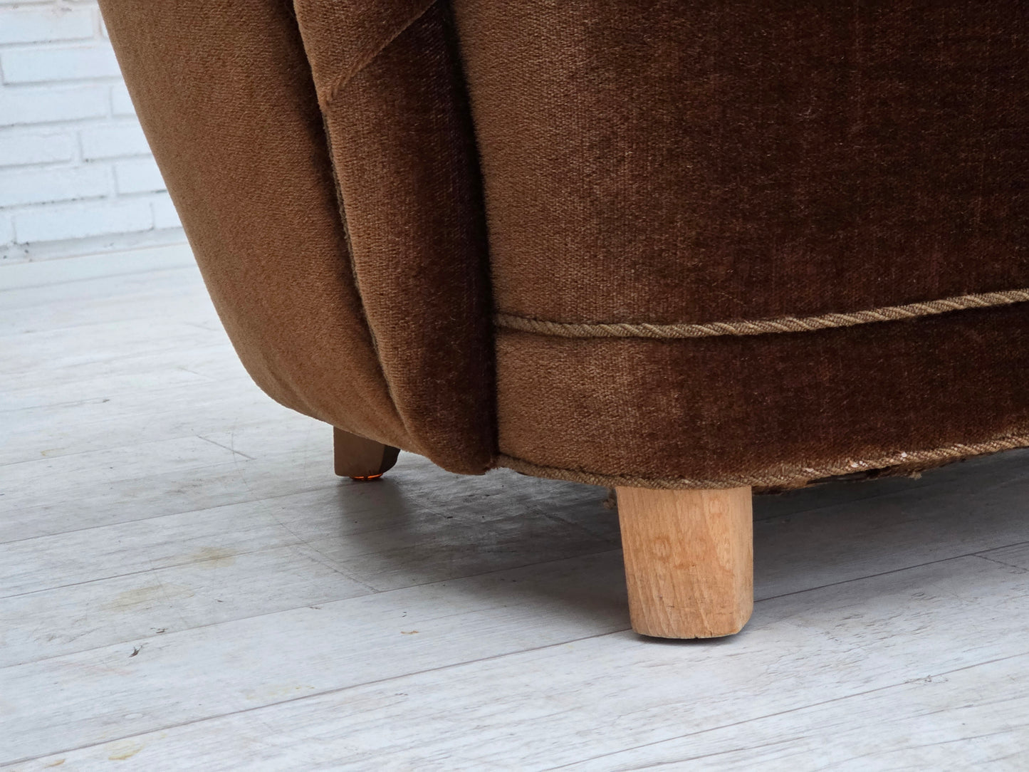 1960s, Danish curved chair, brown furniture velour.