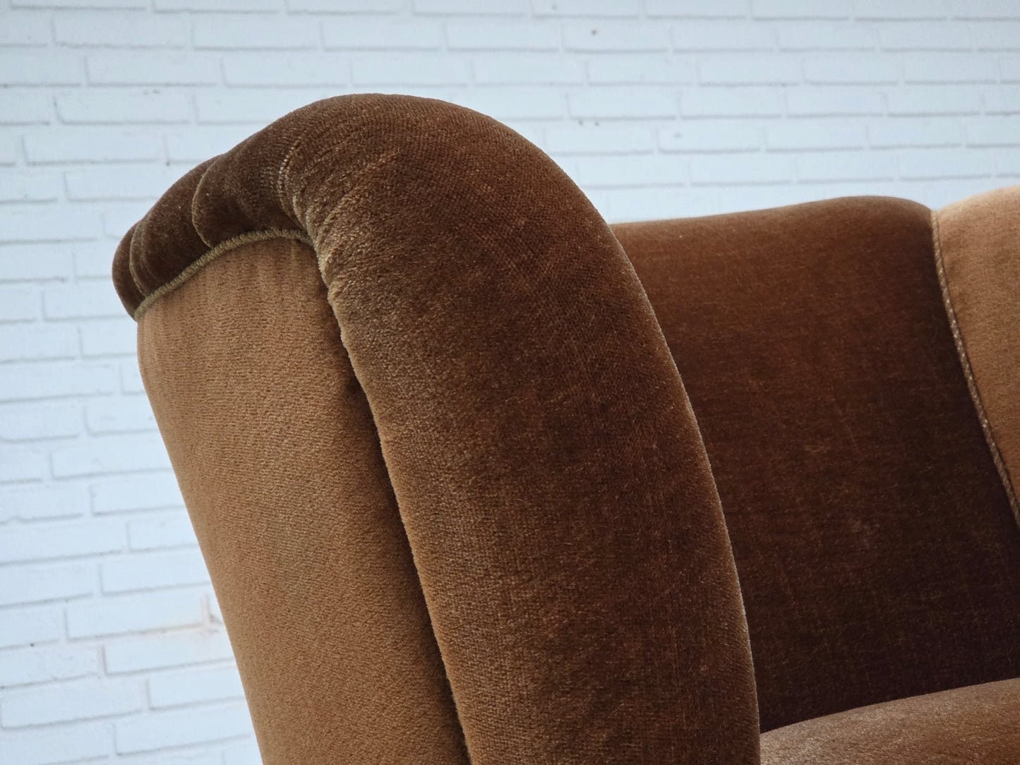 1960s, Danish curved chair, brown furniture velour.
