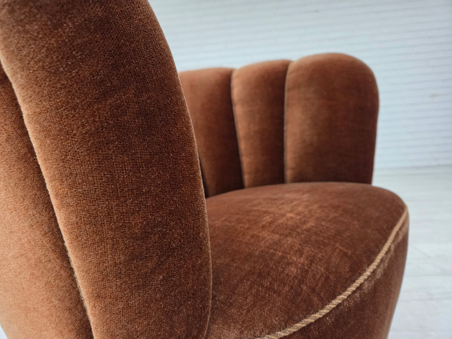1960s, Danish curved chair, brown furniture velour.