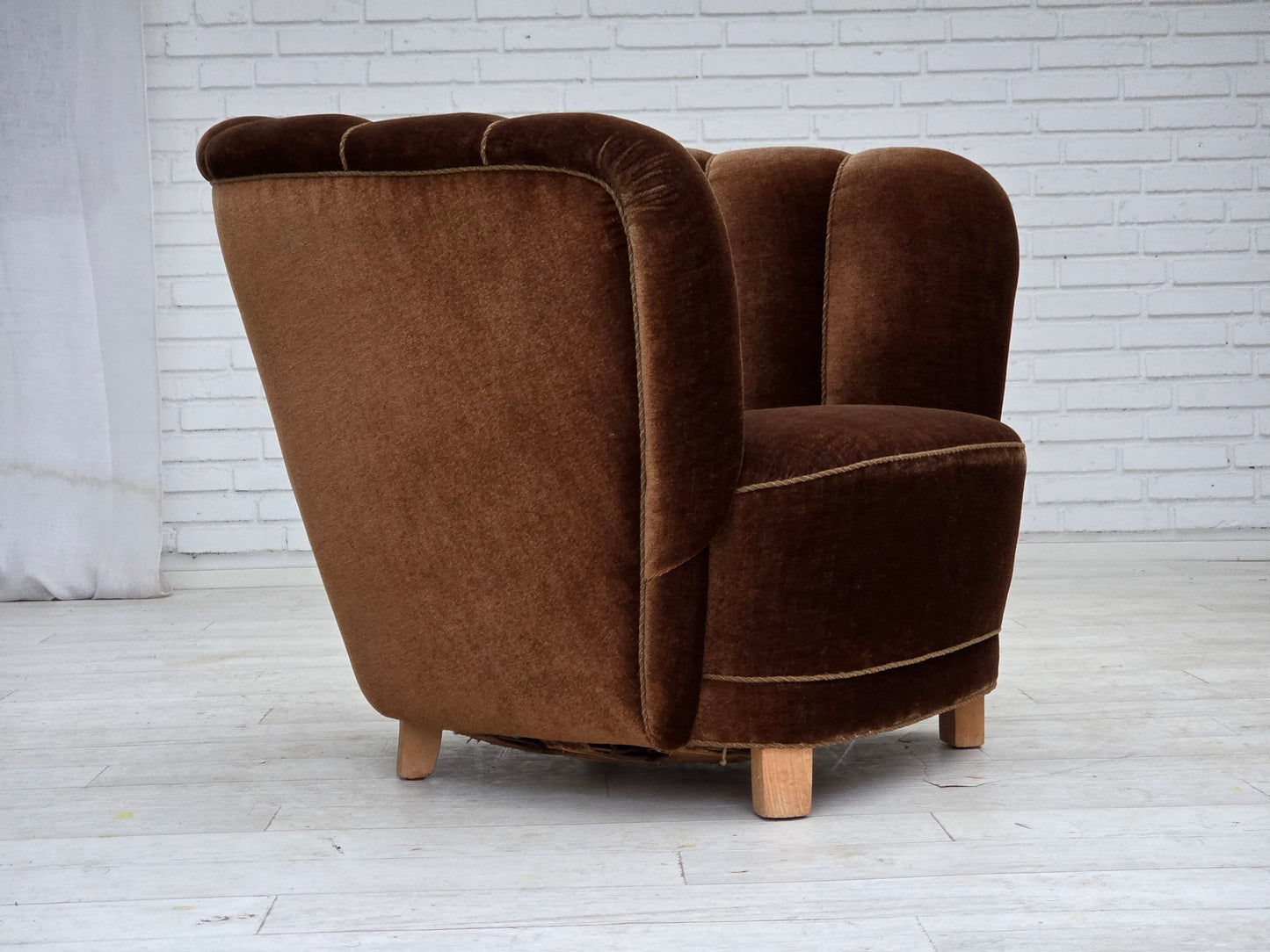 1960s, Danish curved chair, brown furniture velour.