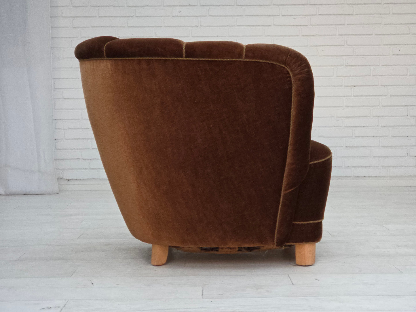 1960s, Danish curved chair, brown furniture velour.