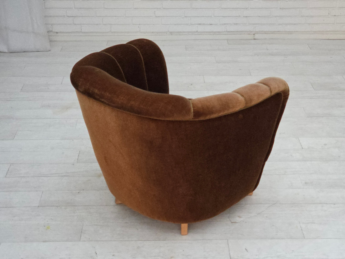 1960s, Danish curved chair, brown furniture velour.