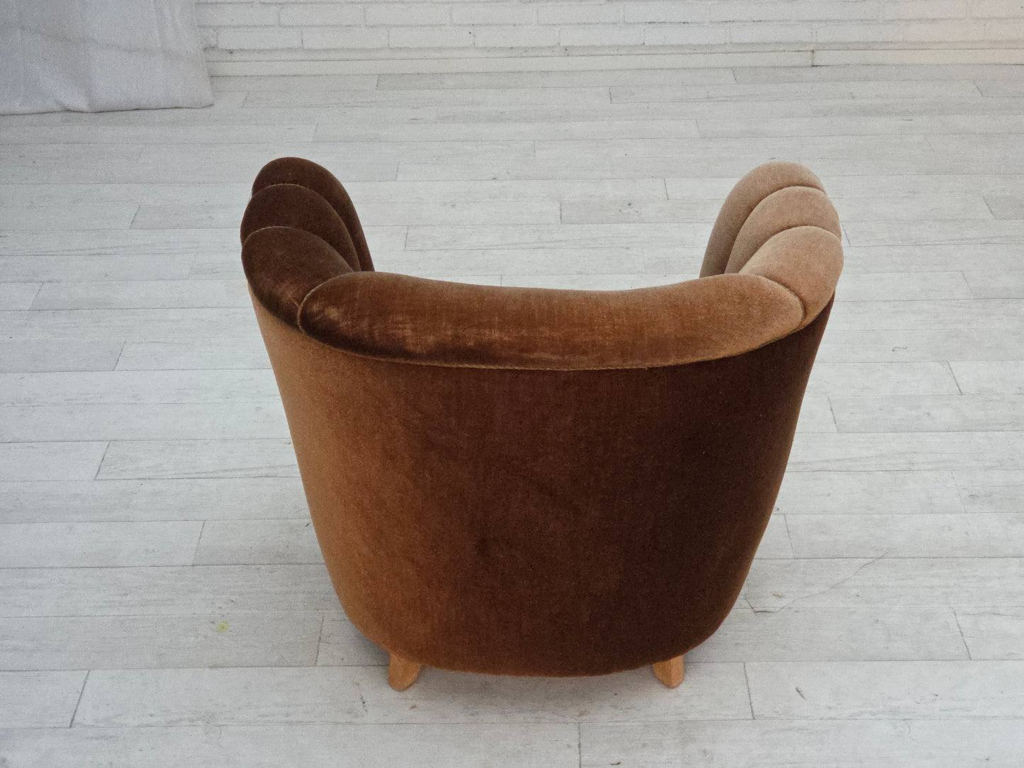 1960s, Danish curved chair, brown furniture velour.