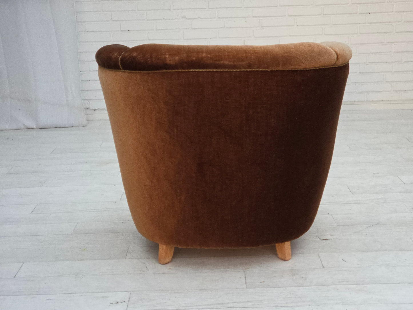 1960s, Danish curved chair, brown furniture velour.
