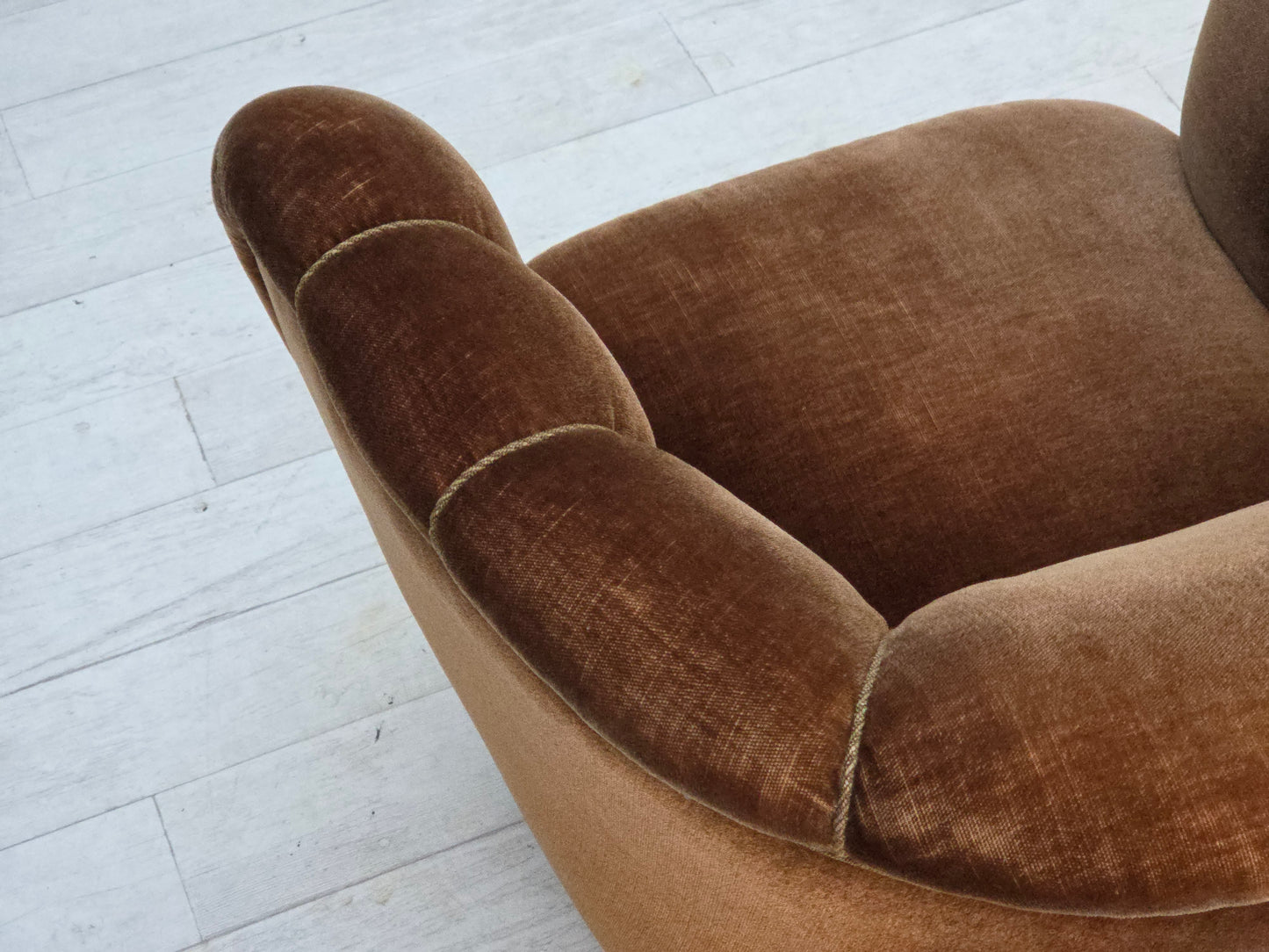 1960s, Danish curved chair, brown furniture velour.