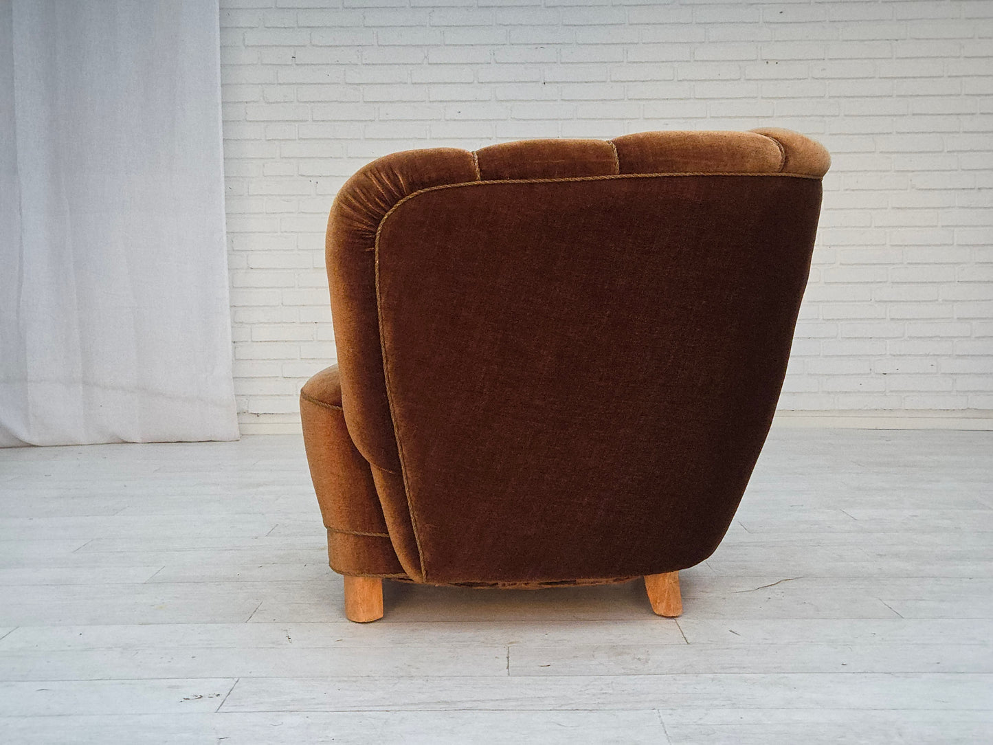 1960s, Danish curved chair, brown furniture velour.