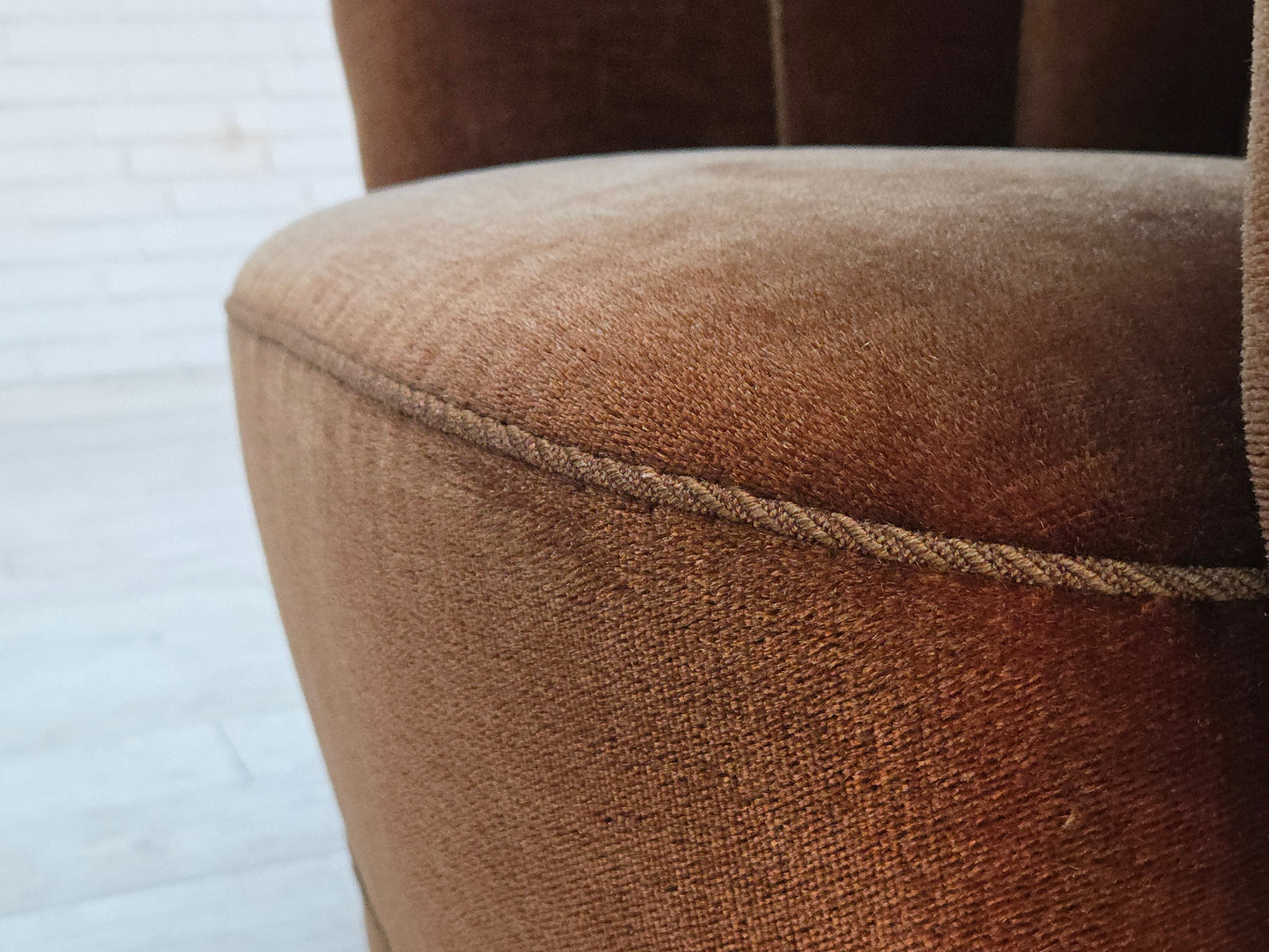 1960s, Danish curved chair, brown furniture velour.