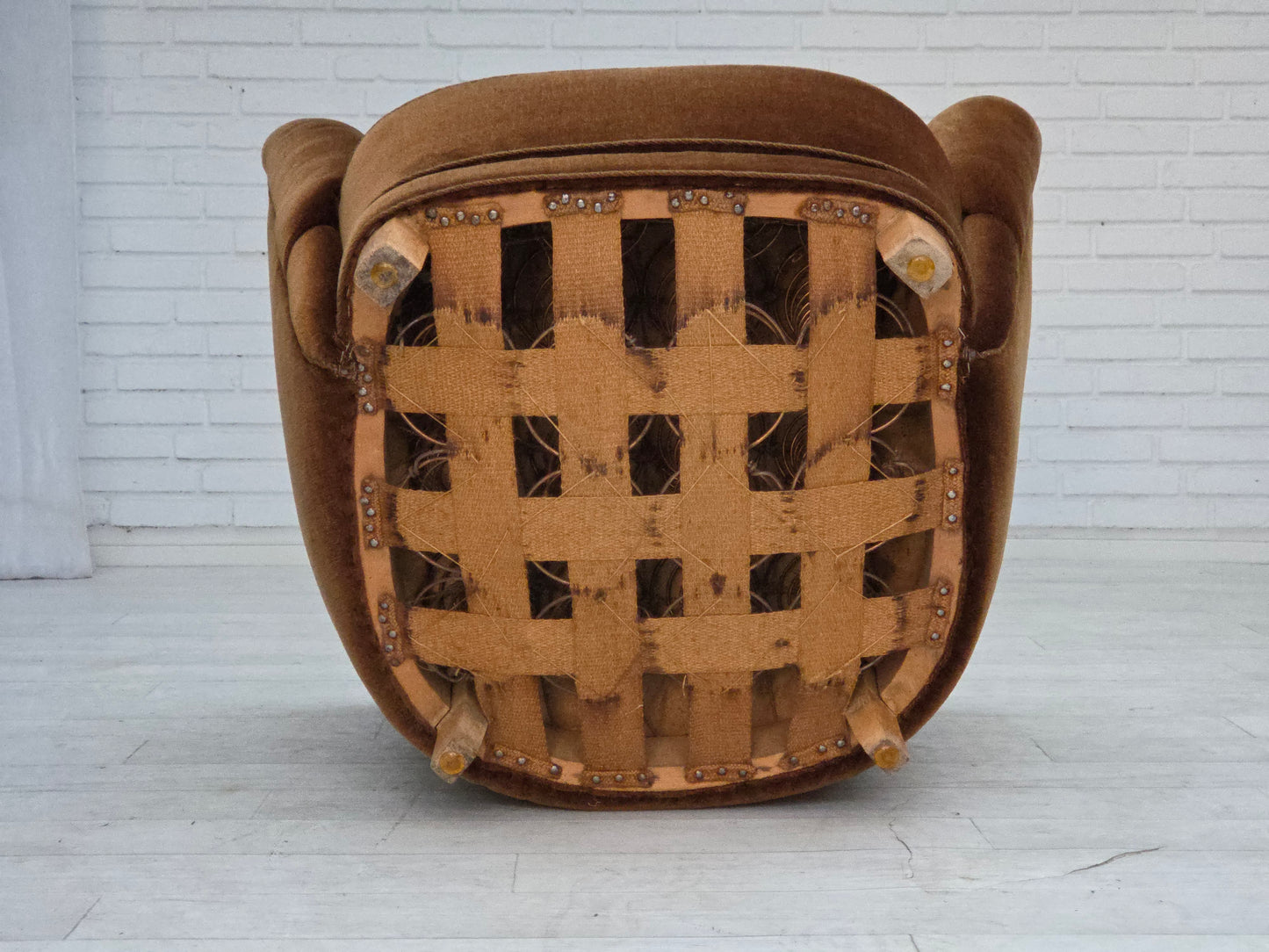 1960s, Danish curved chair, brown furniture velour.