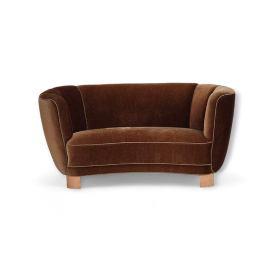 1960s, Danish 2-seater curved sofa, brown furniture velour.