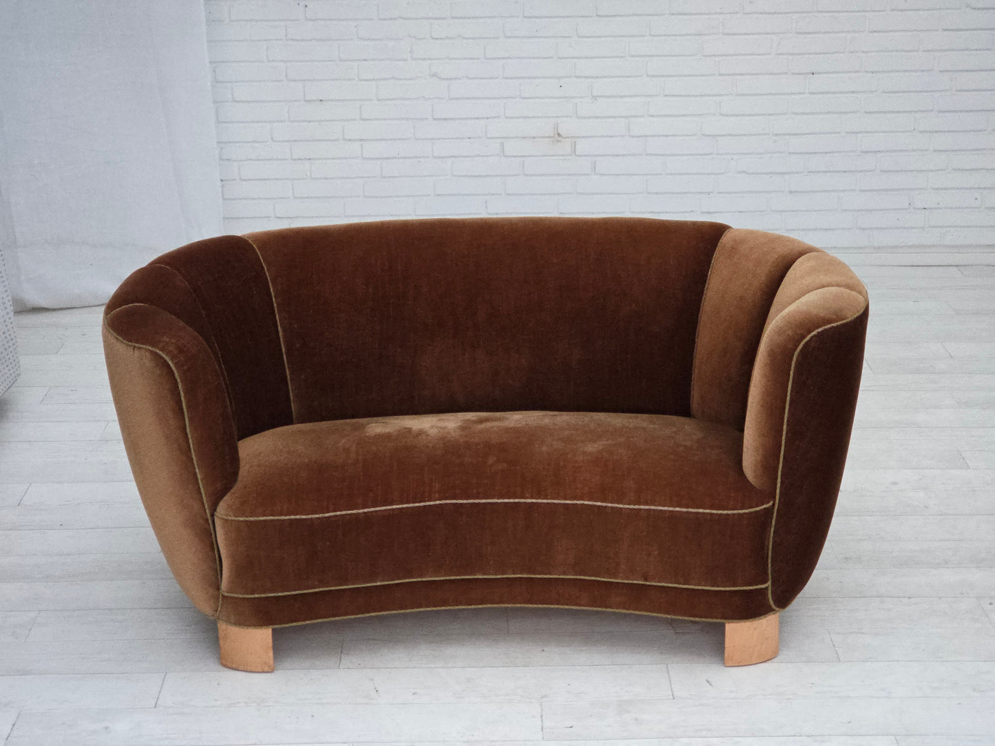 1960s, Danish 2-seater curved sofa, brown furniture velour.