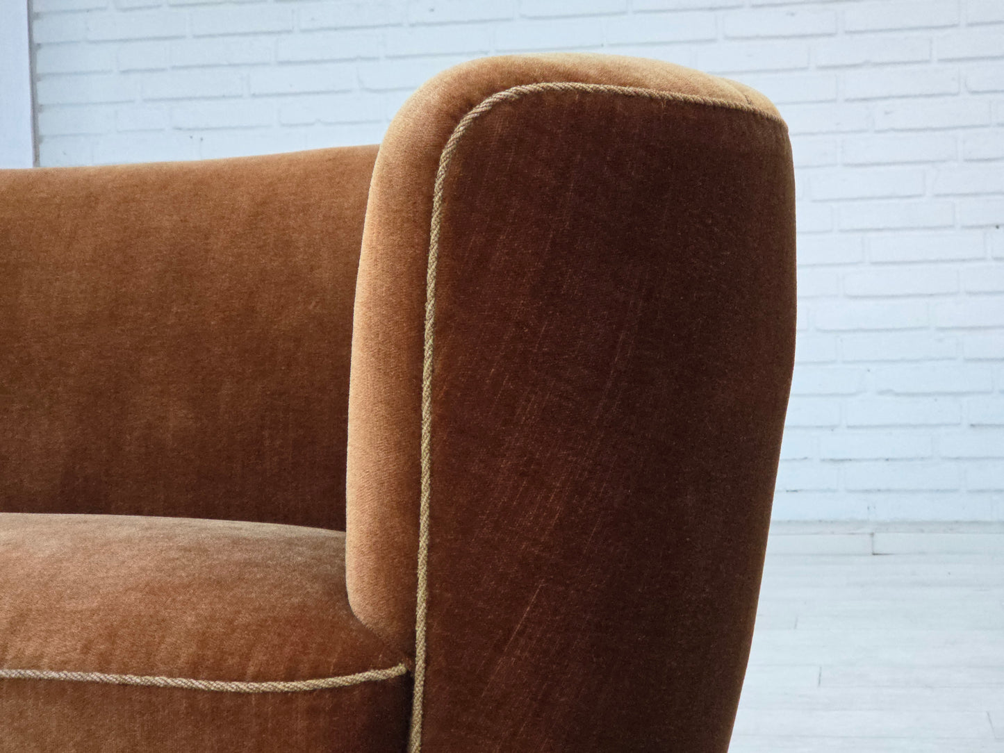 1960s, Danish 2-seater curved sofa, brown furniture velour.