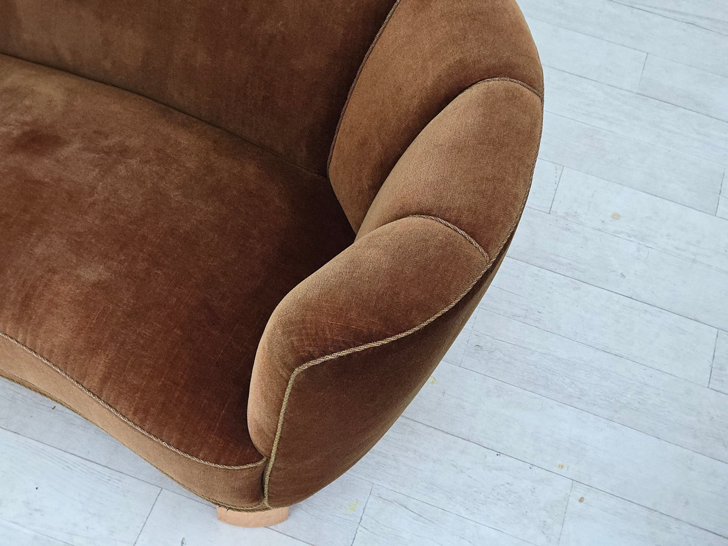 1960s, Danish 2-seater curved sofa, brown furniture velour.