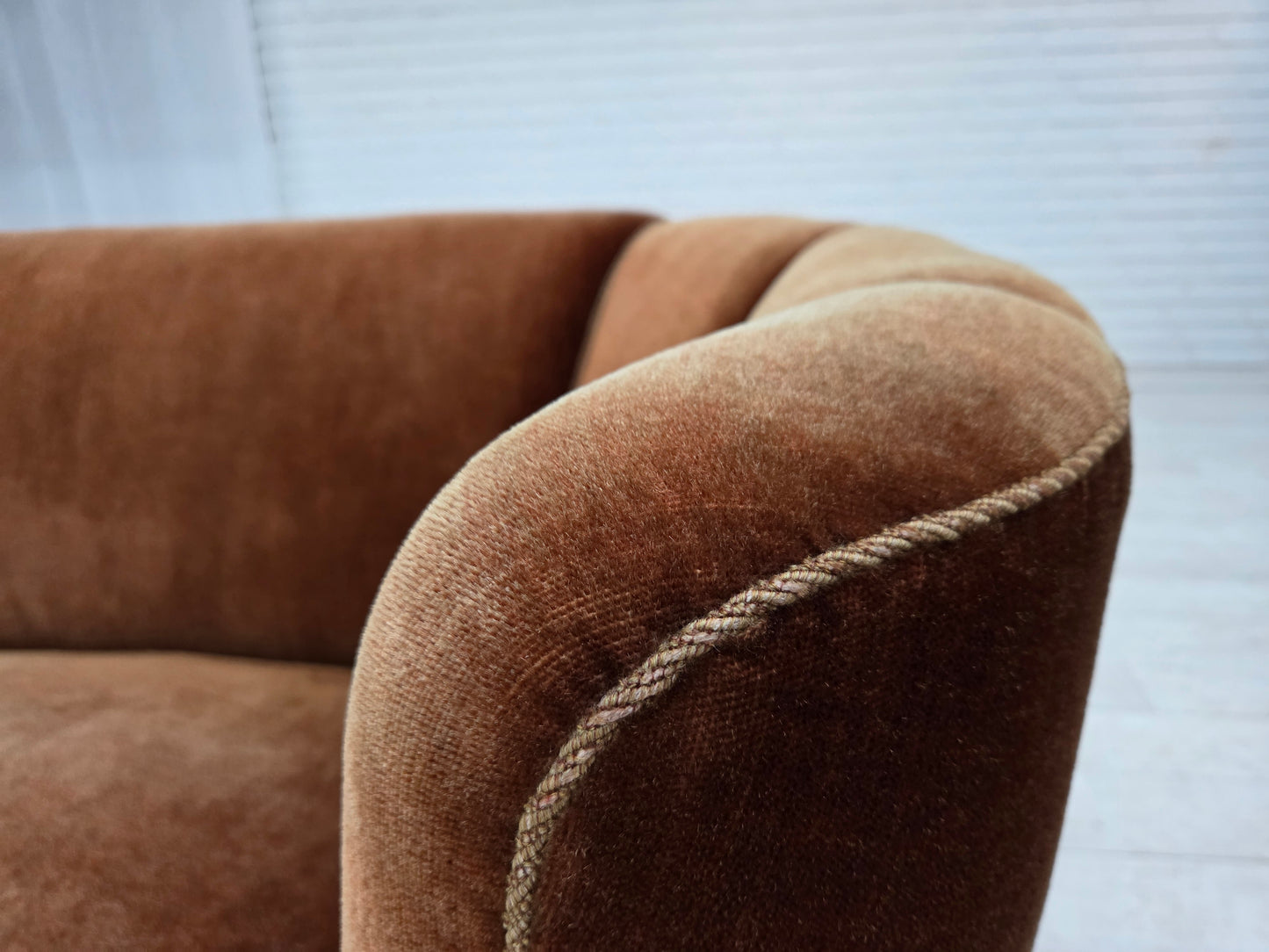 1960s, Danish 2-seater curved sofa, brown furniture velour.