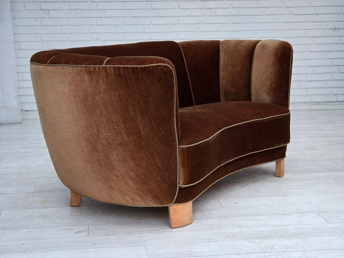 1960s, Danish 2-seater curved sofa, brown furniture velour.