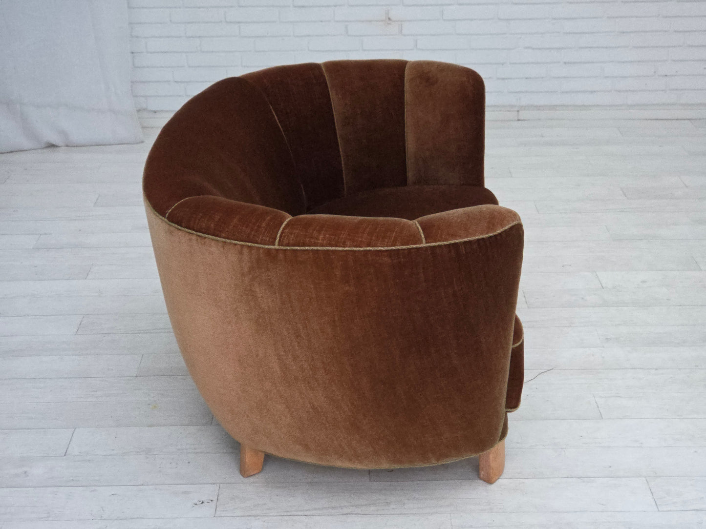 1960s, Danish 2-seater curved sofa, brown furniture velour.