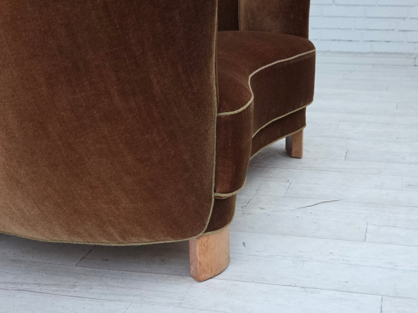1960s, Danish 2-seater curved sofa, brown furniture velour.