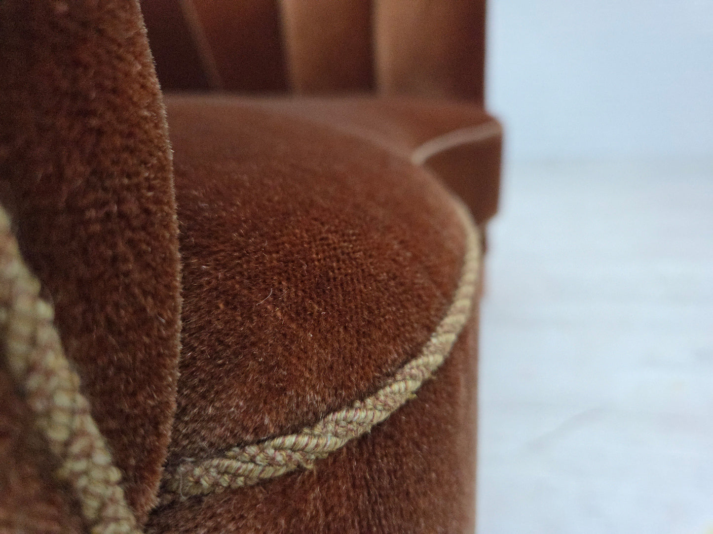 1960s, Danish 2-seater curved sofa, brown furniture velour.