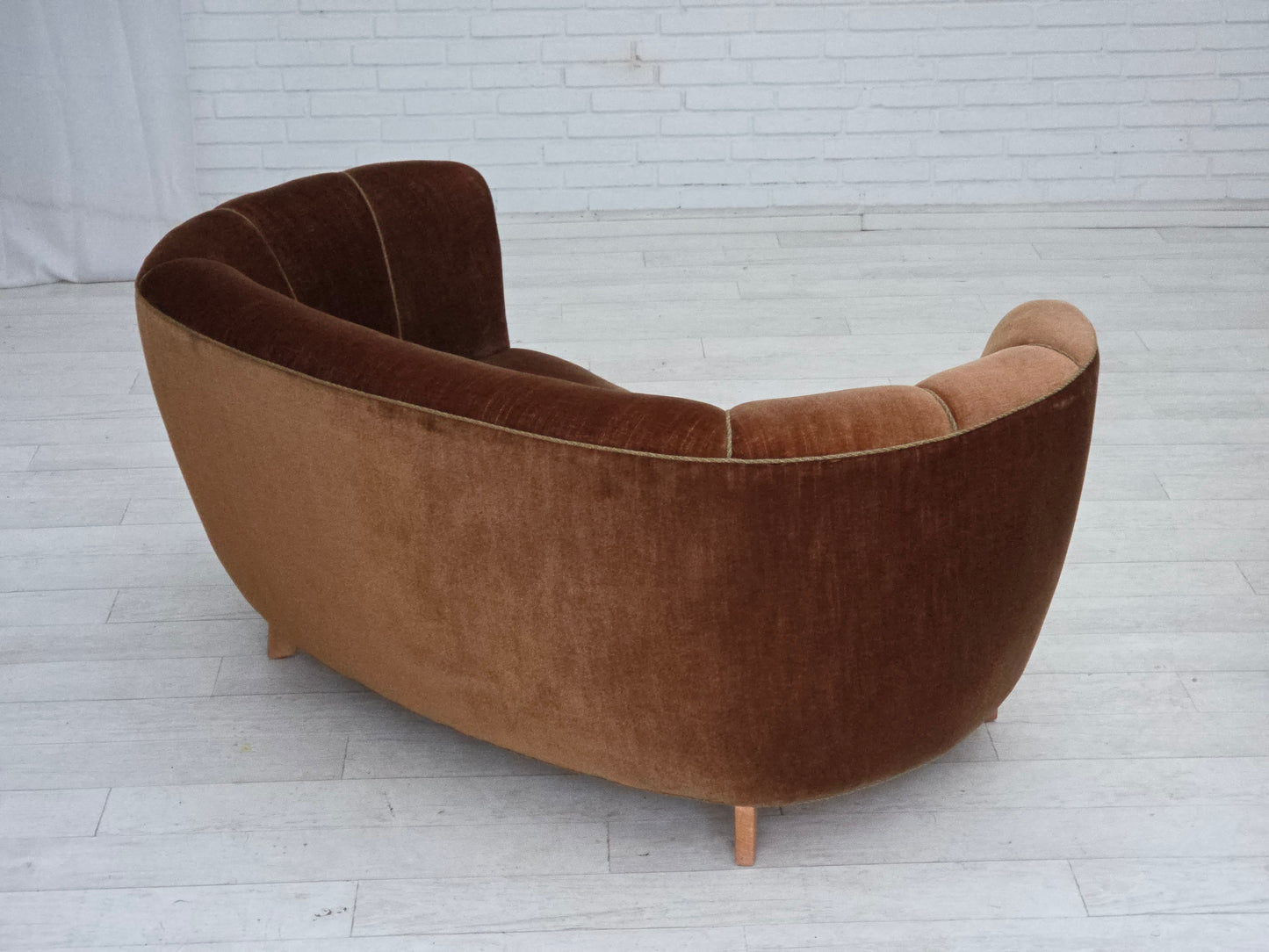 1960s, Danish 2-seater curved sofa, brown furniture velour.