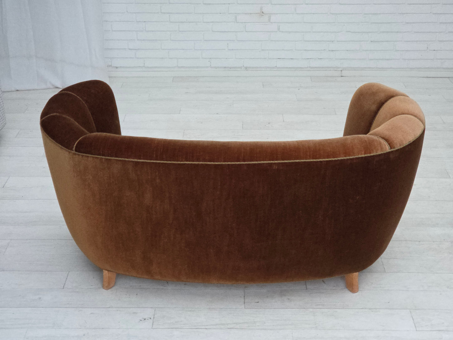 1960s, Danish 2-seater curved sofa, brown furniture velour.