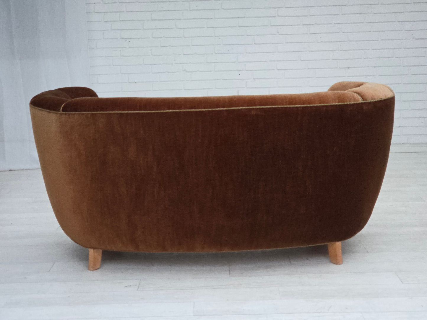 1960s, Danish 2-seater curved sofa, brown furniture velour.