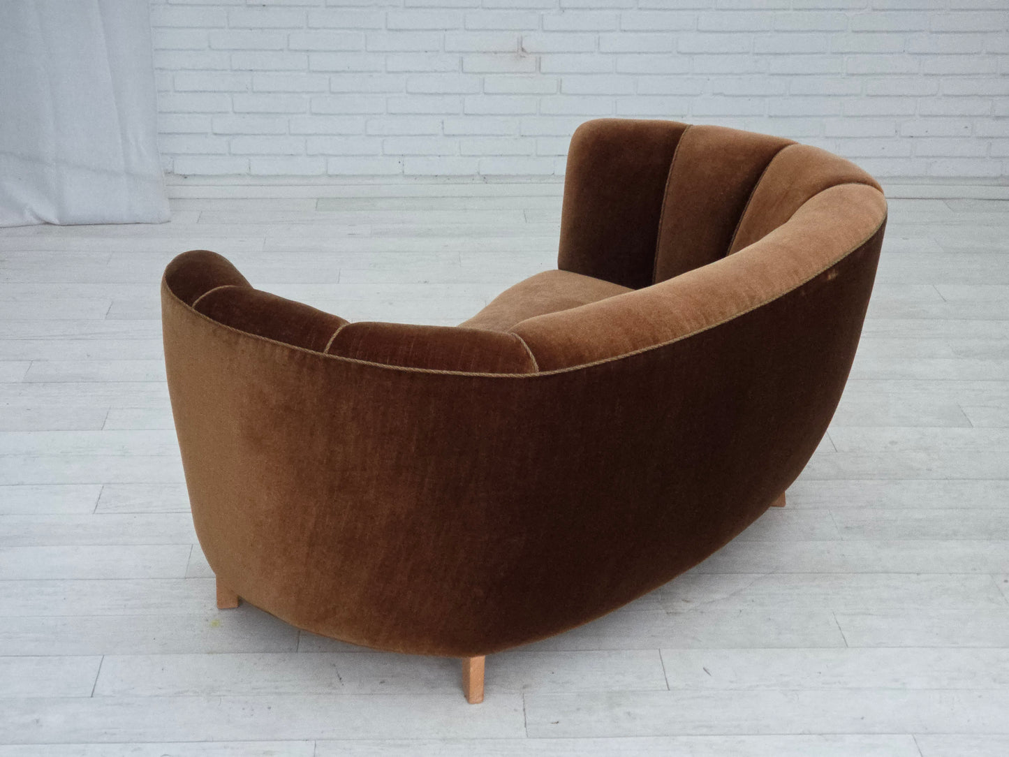 1960s, Danish 2-seater curved sofa, brown furniture velour.