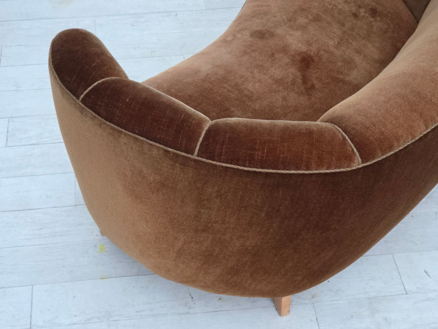 1960s, Danish 2-seater curved sofa, brown furniture velour.