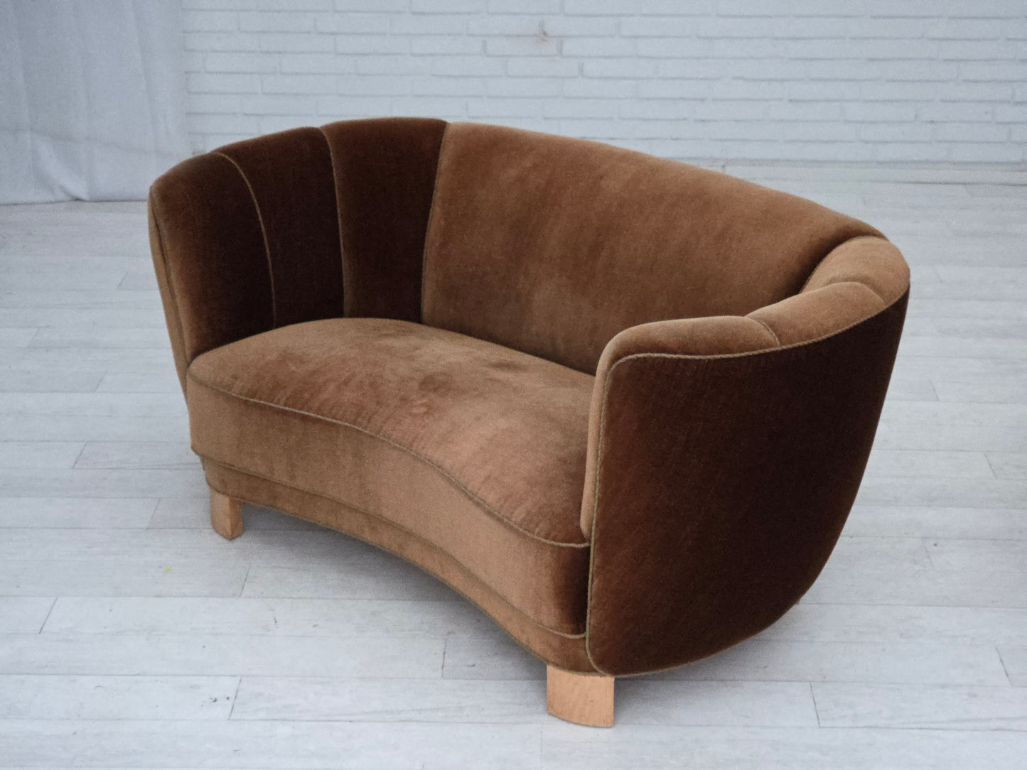 1960s, Danish 2-seater curved sofa, brown furniture velour.
