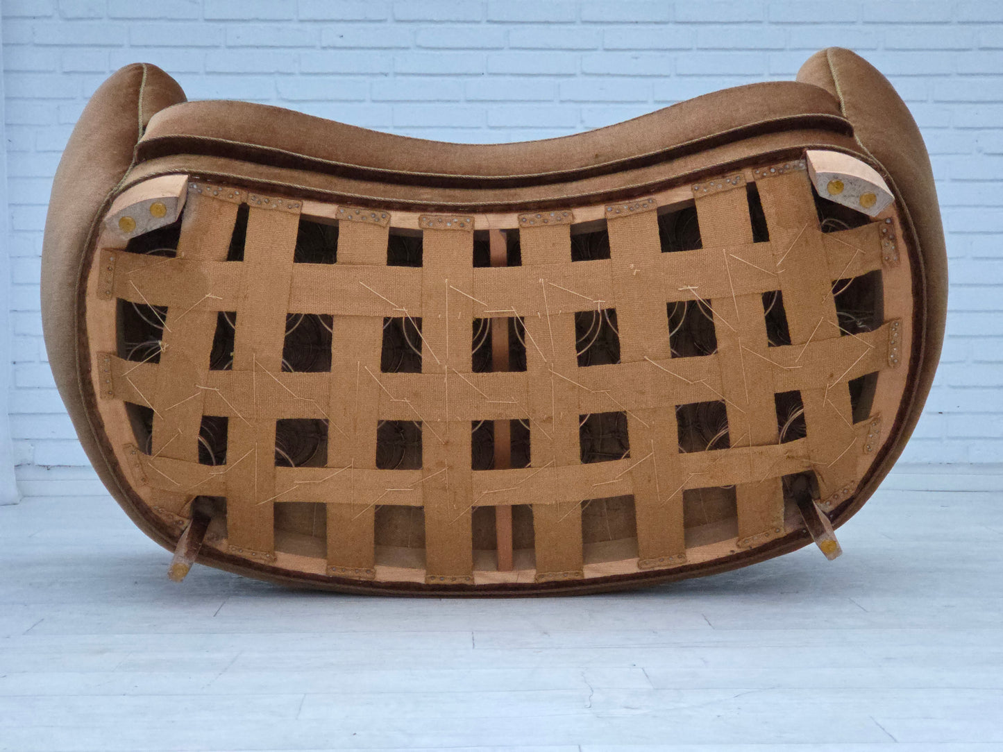 1960s, Danish 2-seater curved sofa, brown furniture velour.