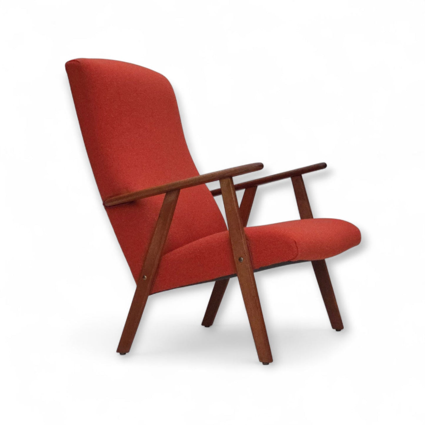 1970s, Danish highback armchair, orange furniture wool, teak wood, oak wood.