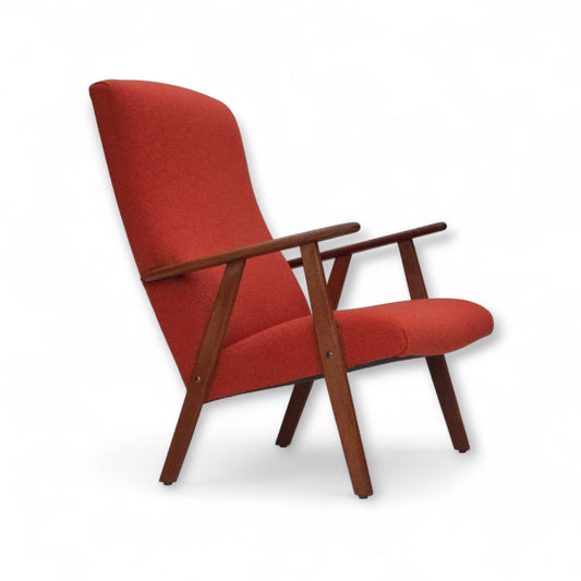1970s, Danish highback armchair, orange furniture wool, teak wood, oak wood.
