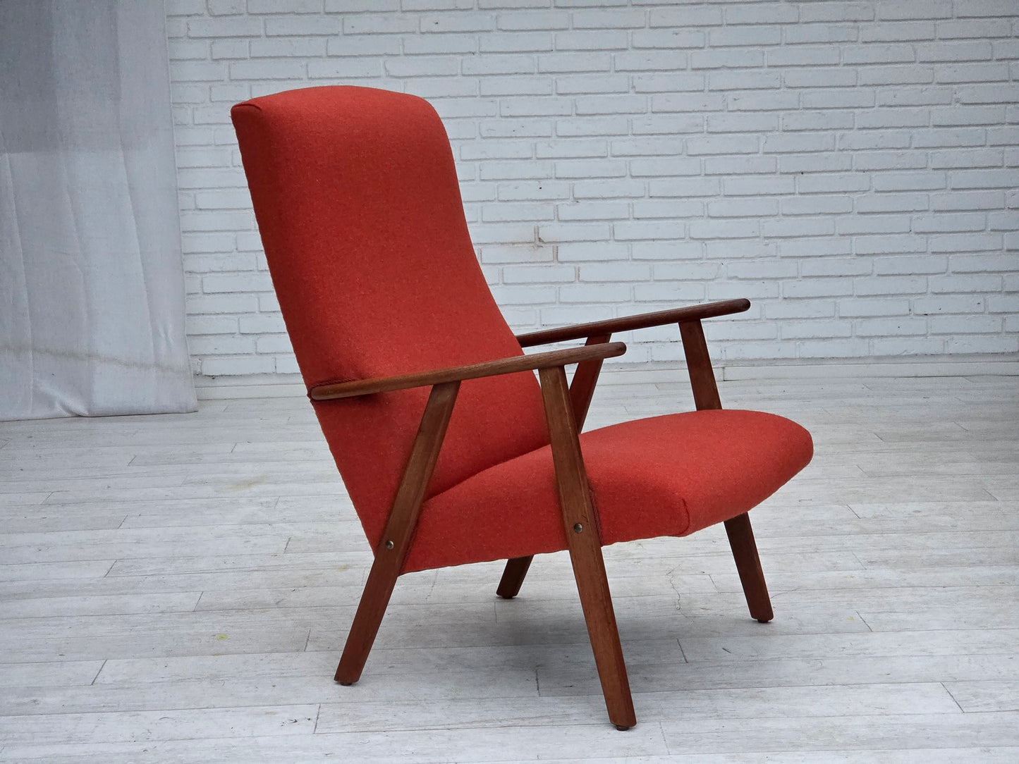 1970s, Danish highback armchair, orange furniture wool, teak wood, oak wood.