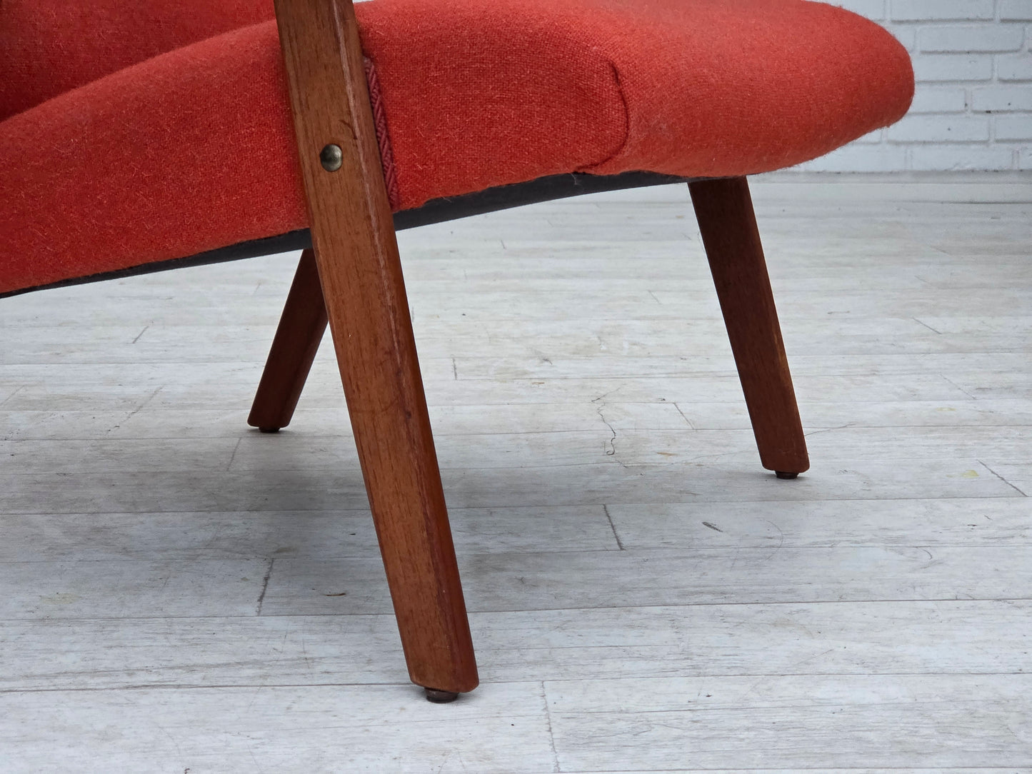 1970s, Danish highback armchair, orange furniture wool, teak wood, oak wood.
