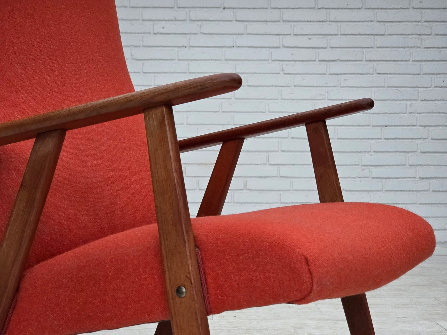 1970s, Danish highback armchair, orange furniture wool, teak wood, oak wood.