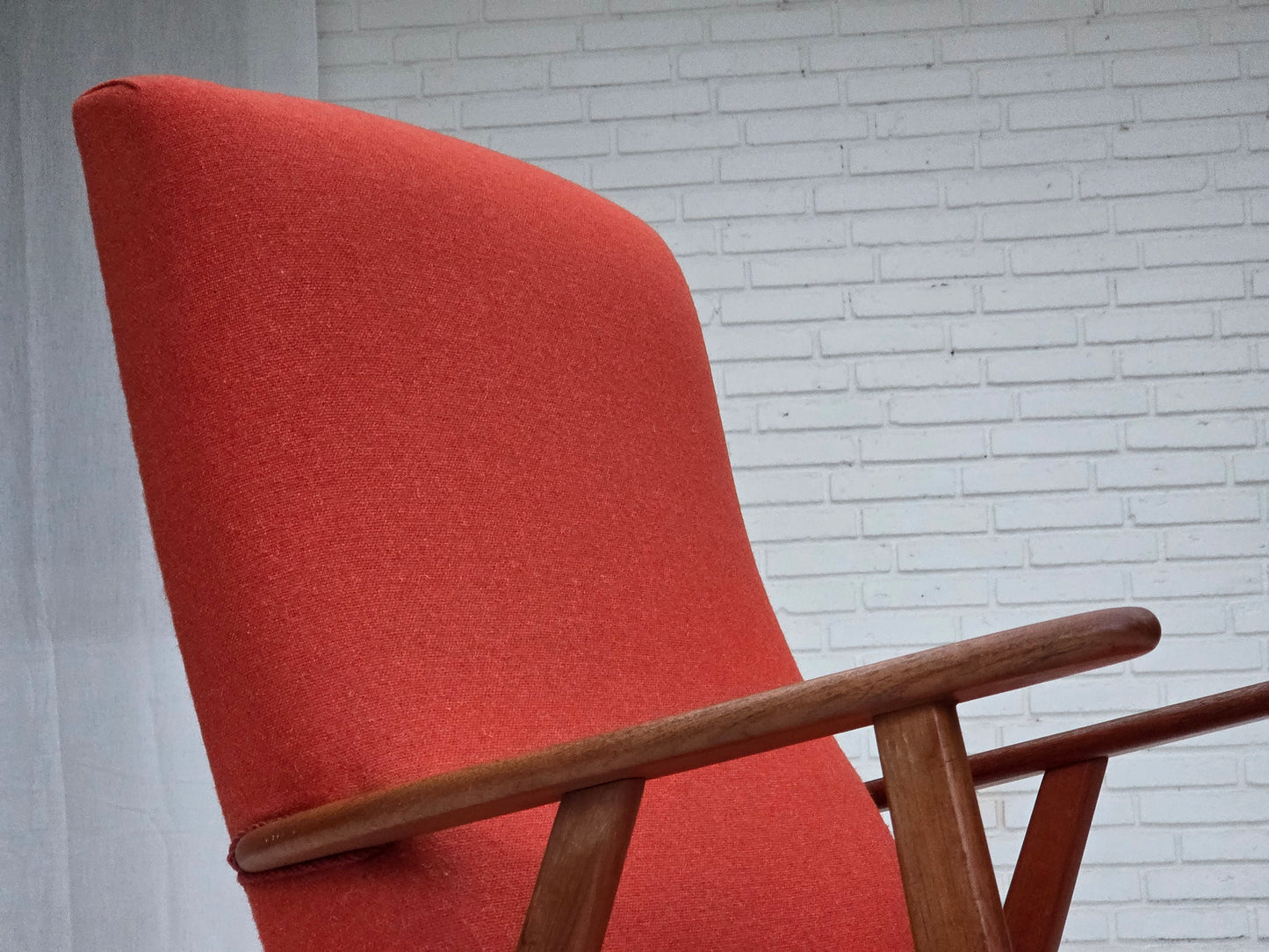 1970s, Danish highback armchair, orange furniture wool, teak wood, oak wood.