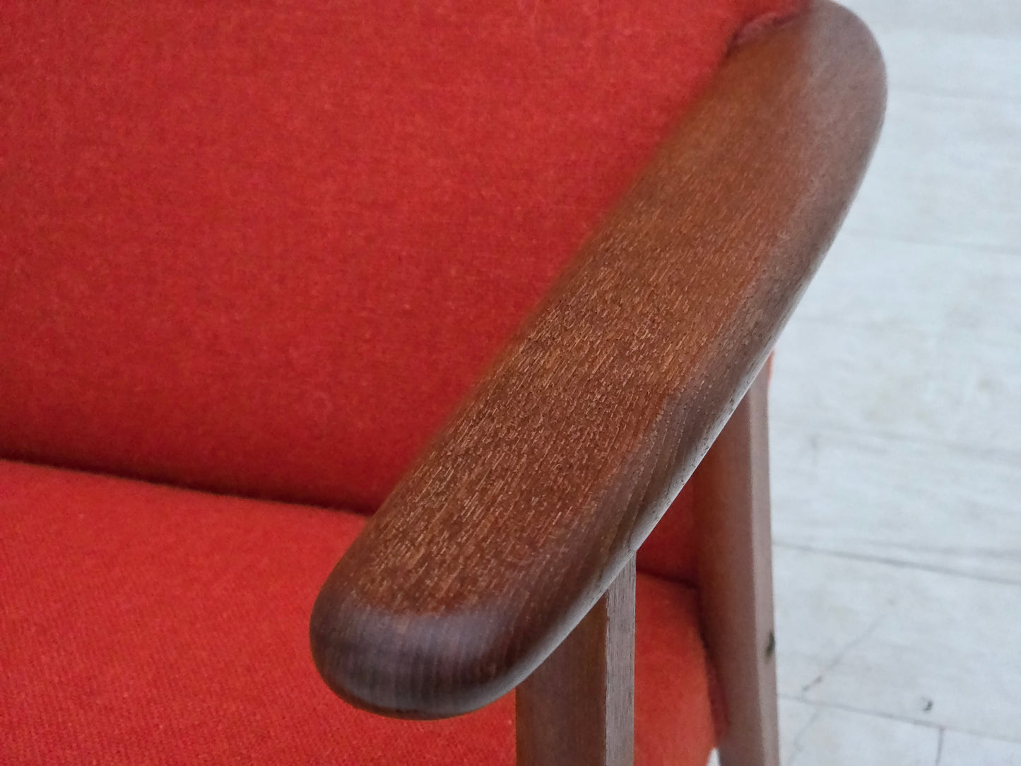 1970s, Danish highback armchair, orange furniture wool, teak wood, oak wood.